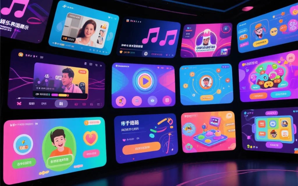 多元化的娱乐界面展示，屏幕中有视频、音乐、互动游戏等内容，色彩绚丽，氛围活跃