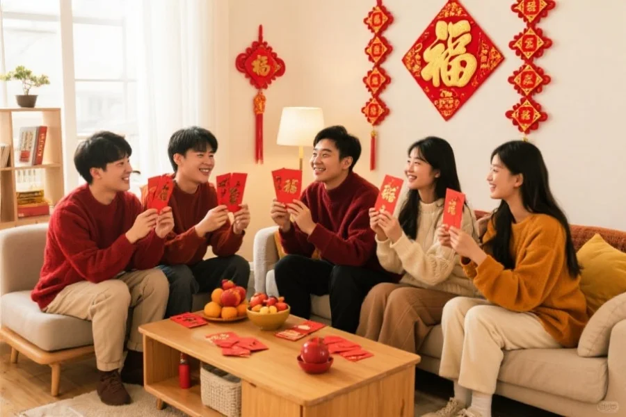 一群年轻人围坐在温馨客厅，手持红包和新春装饰品，愉快地交流和庆祝中国新年