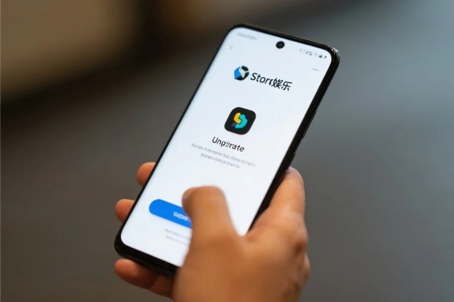 一只手正在操作Android手机，屏幕显示风暴娱乐App的更新界面，画面简洁清晰